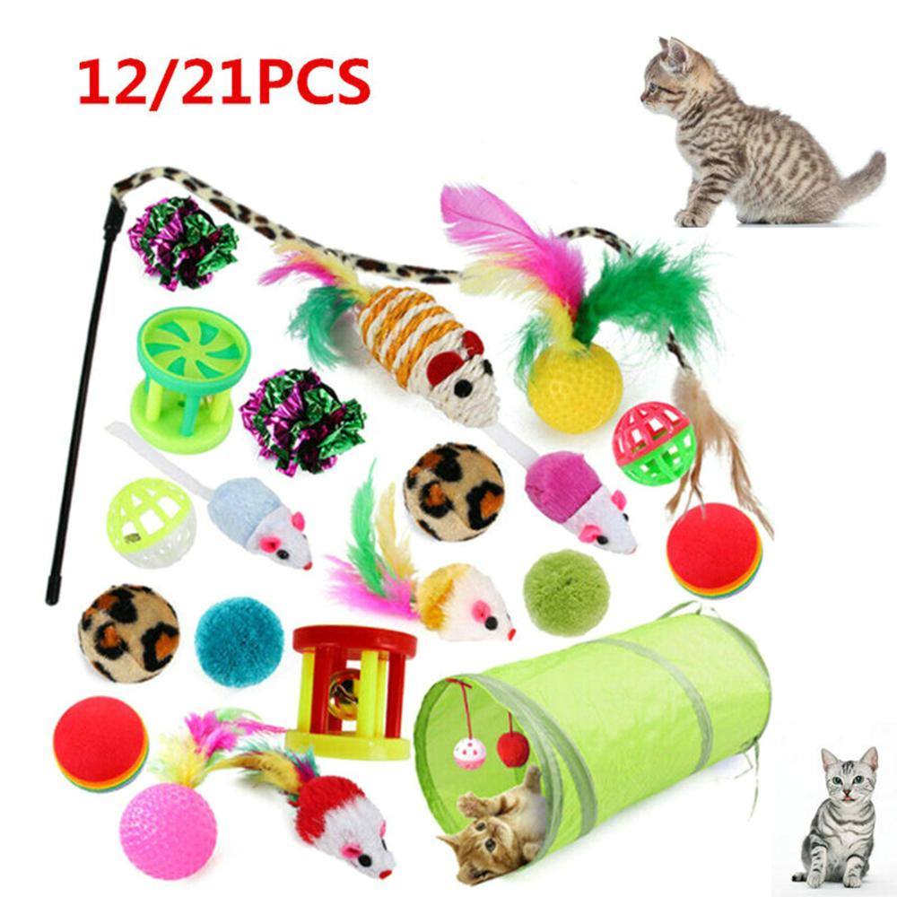 12/21PCS Playing Bulk Toy Pet Kitten Stick Mouse Collapsible Tunnel Feather Balls Cat Toys Set