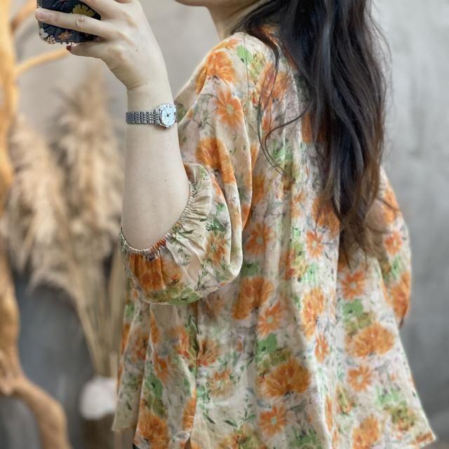 Ретро Летний Женский Повседневный Топ с Семирукавным Рукавом - Стройнящий, Свободный, Модный, Омолаживающая Рубашка