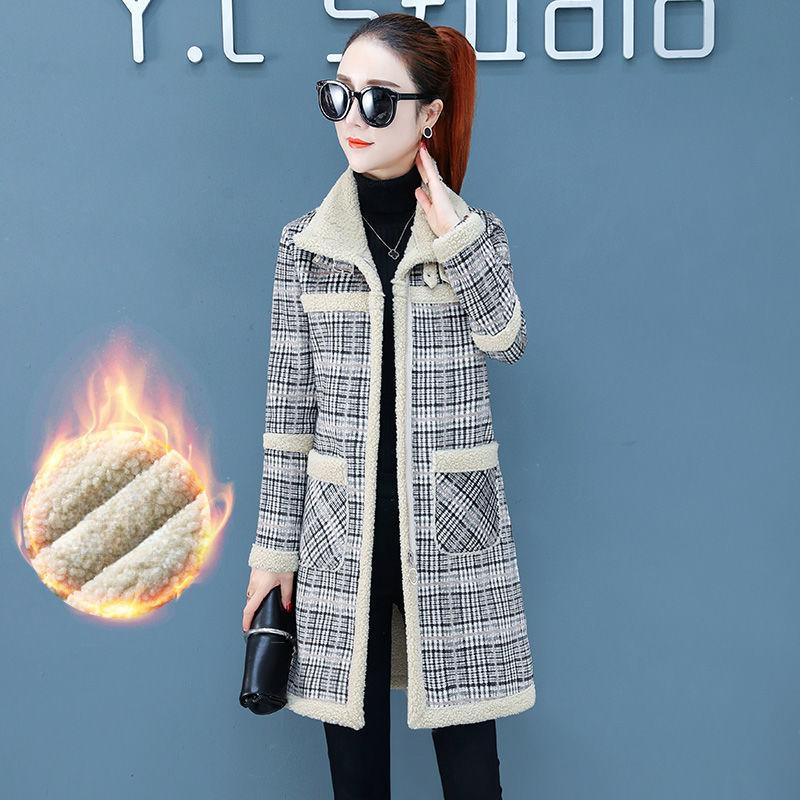Autumn and Winter Lamb Wool Coat Women's Mid-length All-match Thick Plaid Korean Fashion Lamb Wool Coat