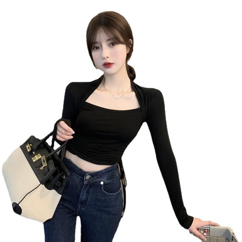 Sexy Square-neck Bottoming Shirt Women's Design Sense Niche Autumn Clothing with Long-sleeved T-shirt Slim-fitting Drawstring Top