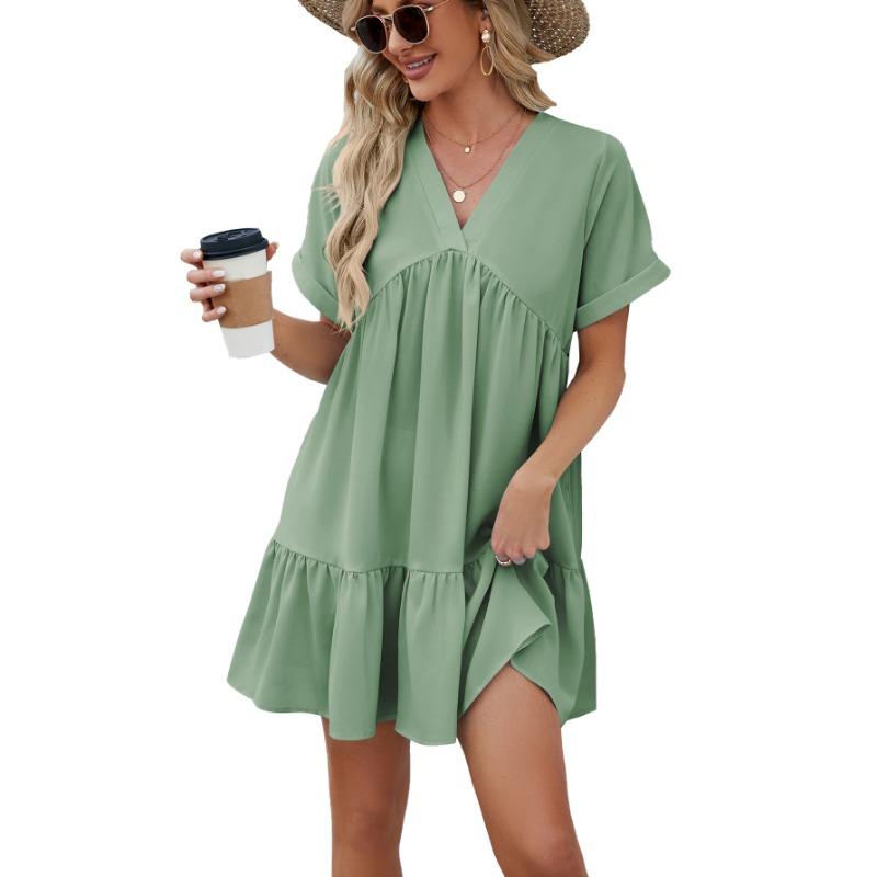 Spring Summer Solid Color V-neck Loose Pleated Dress for Women Casual Dresses