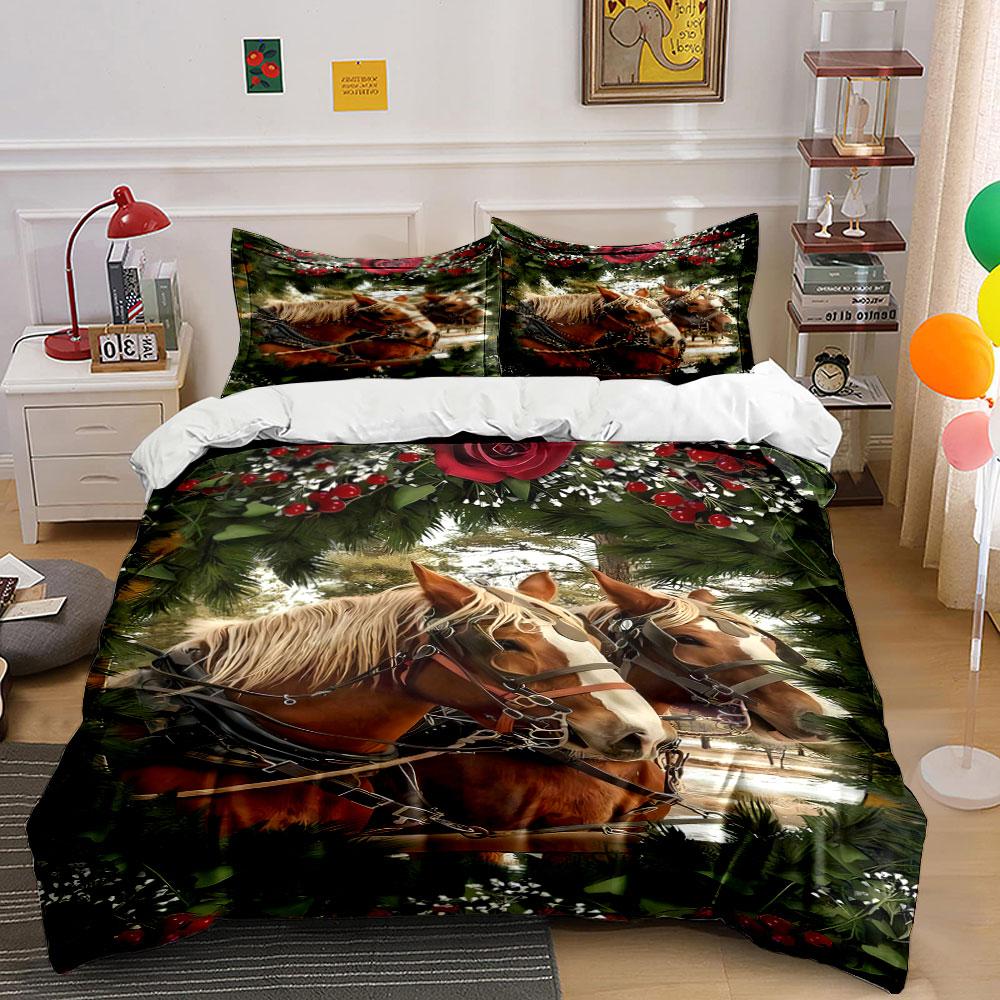 Horses, pine branches, berries. Bedding sets Duvet cover sets Duvet covers Pillowcases(1 * Duvet Cover 2 * Pillowcases without duvet insert)