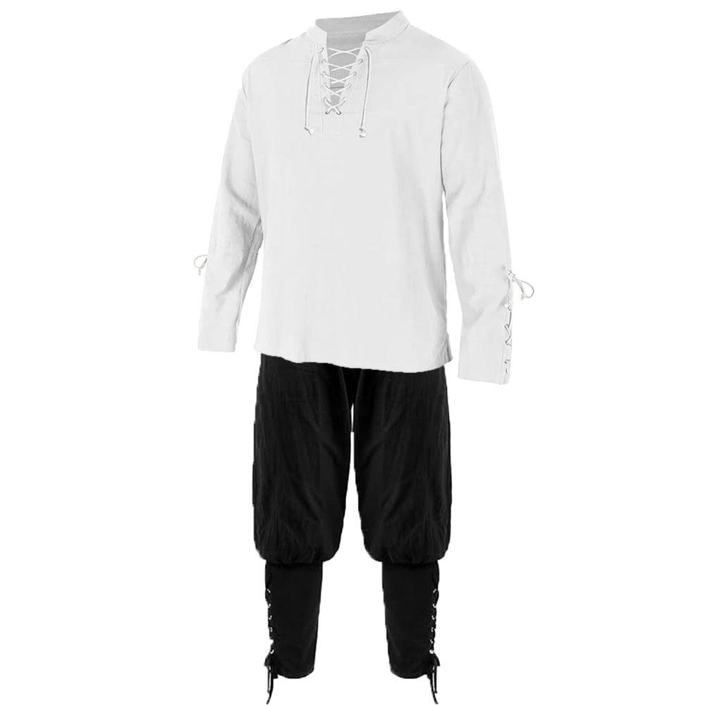Men's Renaissance Sets Pirate Shirts and Pants Men Costume Cotton Linen V-neck Drawstring Party Dress Two Pieces