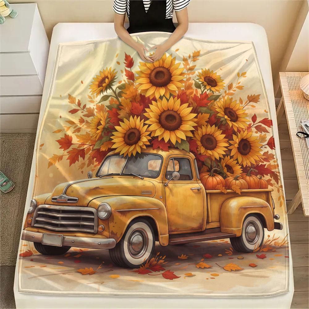 1Pc Seasons truck Print Flannel Blanket, High quality Comfortable for All Seasons, Home Decor, Warmth and Comfort, Perfect for Christmas Gifts