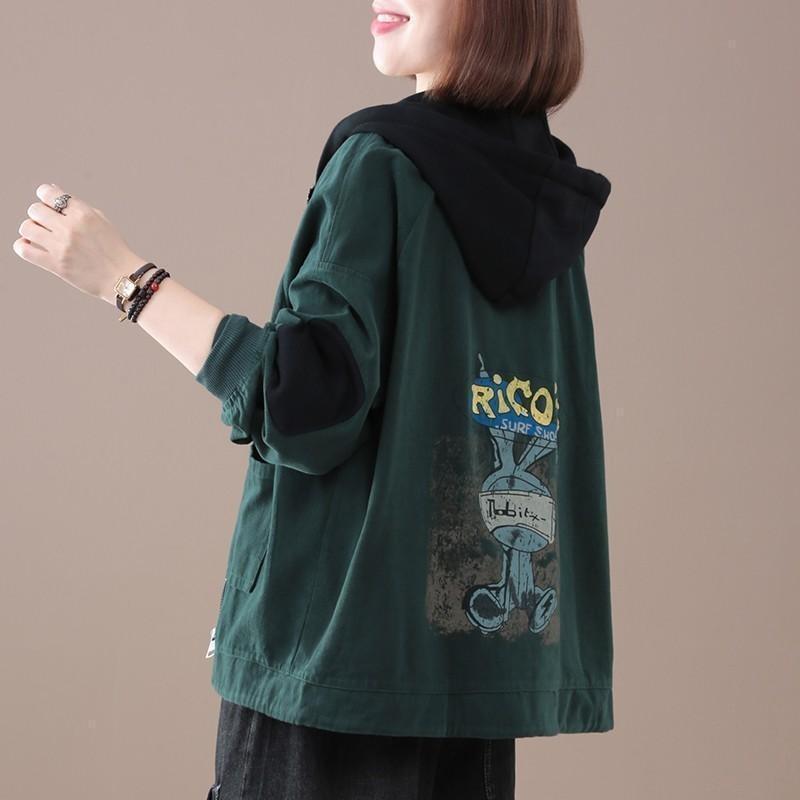 Spring and Autumn New Korean Version of Large Size Loose Meat Cartoon Print Hooded Ladies Casual Jacket