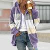 Women Color Block Fuzzy Fleece Hooded Jacket Full Zip Long Sleeve Plush Coat Casual Warm Outerwear S-5XL