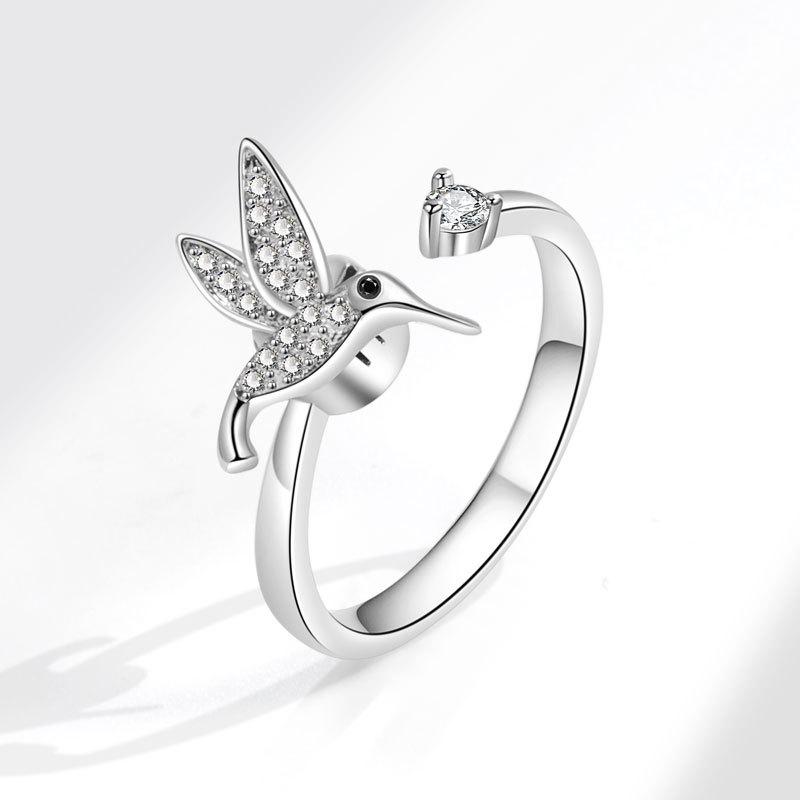 Animal Hummingbird Spinning Anxiety Ring For Women Fidget Metal Spinner Anti Stress Rotating Ring Zircon Gifts Anillos Mujer