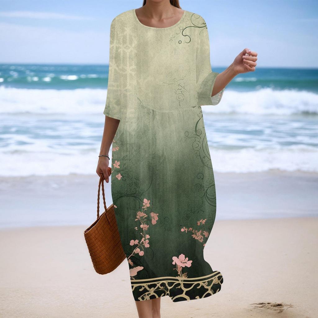 Женское модное платье свободного кроя с принтом, круглым вырезом и рукавом три четверти