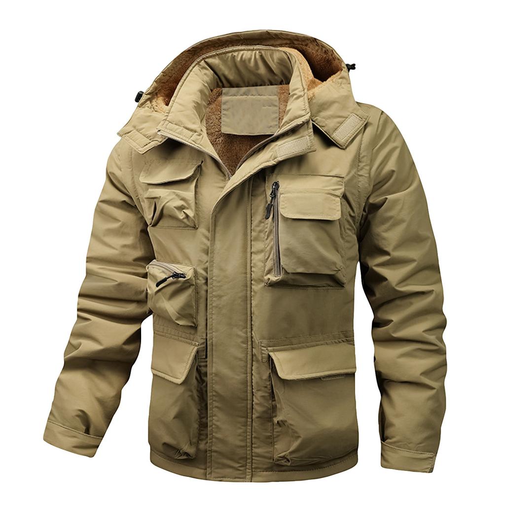 Men's Solid Color Detachable Outdoor Workwear Casual Loose Zipper Pocket Plush Long Sleeve Jacket