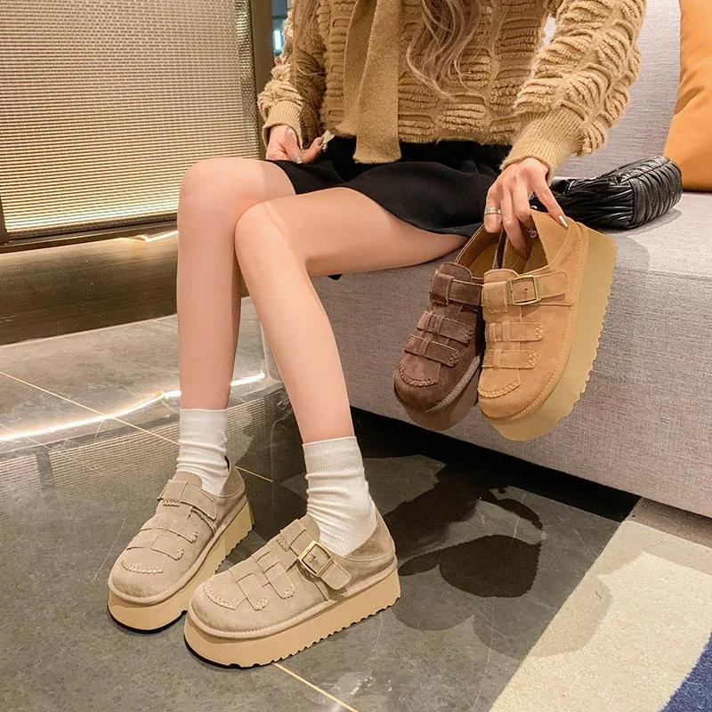 Распродажа модной женской обуви 2024 года, новые женские туфли на плоской подошве с пряжкой, осенние туфли с круглым носком, однотонные, повседневные туфли на платформе для офиса, большого размера