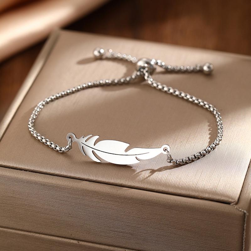 Stainless Steel Feather Pendant Bracelet for Women Men Punk Hip Hop Metal Ball Widen Chain Adjustable Hand Chain Fashion Zircon