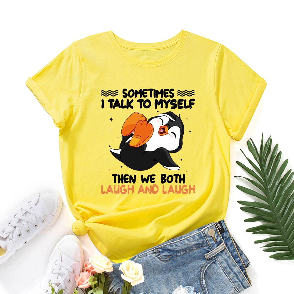 Cotton T-Shirt Short Sleeve Round Neck Women 2d Print Tops