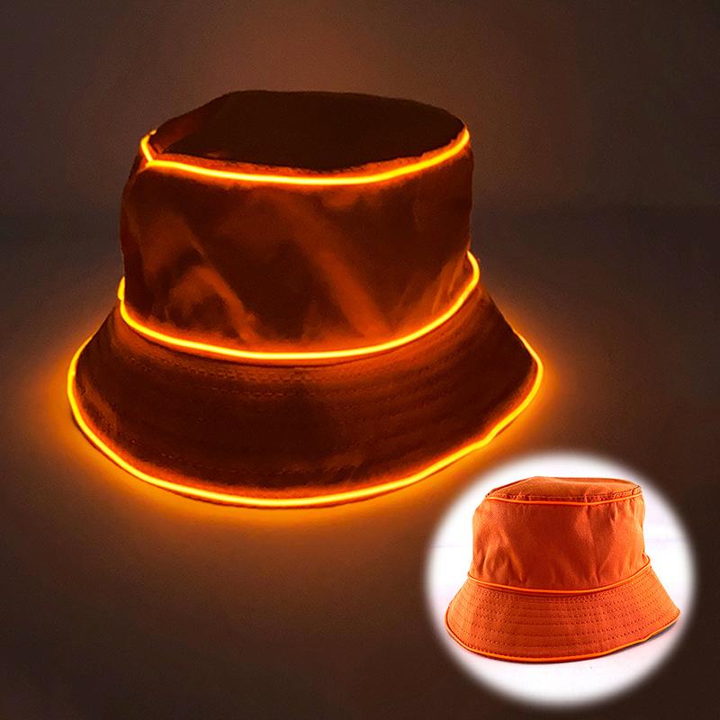 Adult LED Light-Up Flat Top Sun Hat Unisex Logo Embroidery Bucket Cap Solid Color Promotional Gift