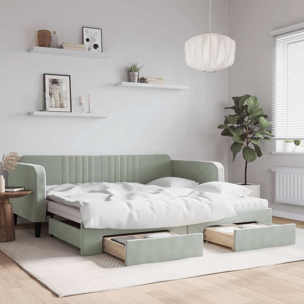 2 in 1 Pull Out Daybed with Drawers Light Gray 100x200 cm Velvet