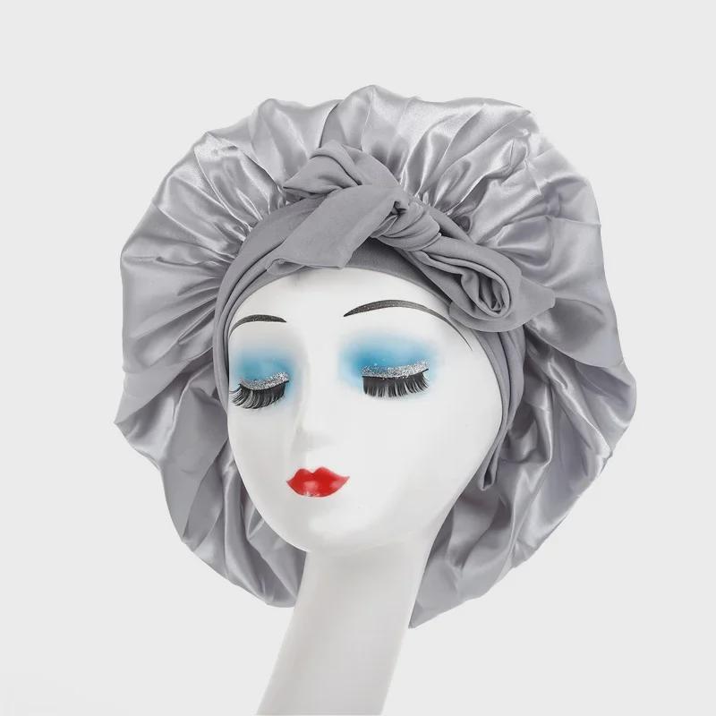 High Elastic Satin Nightcap with Wide Brim & Bow for Salon Hair Care