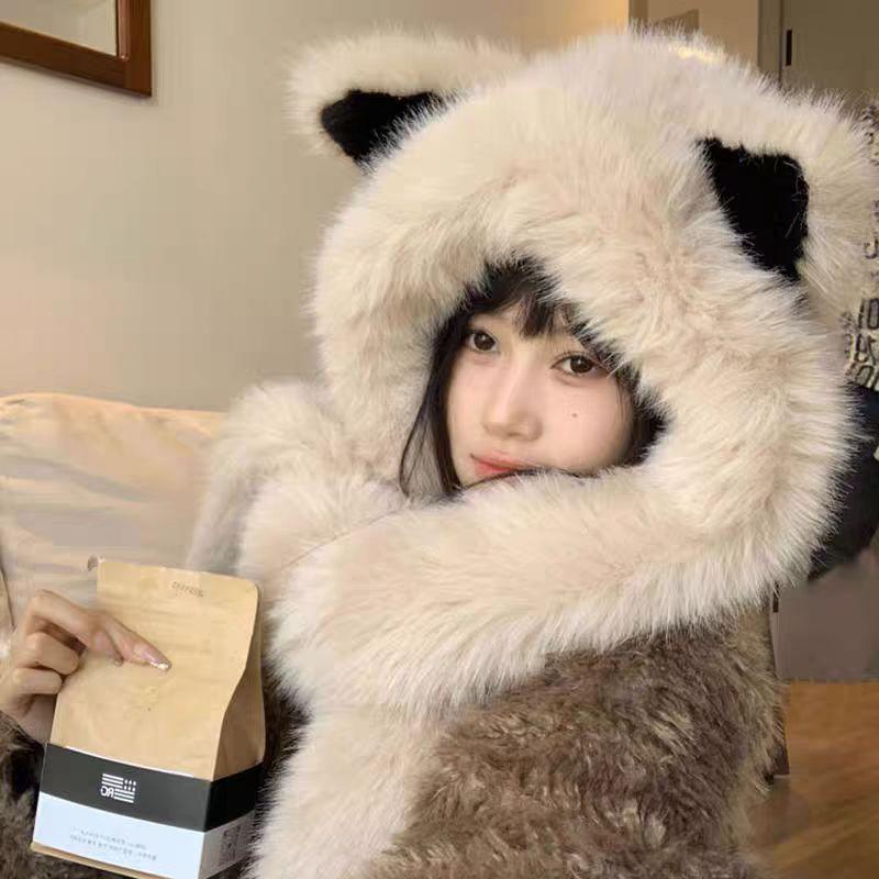 Утолщенные плюшевые лисьи ушки, шапка, шарф, интегрированная защита от холода и теплая защита шеи осенью и зимой, подчеркивающие маленькое лицо