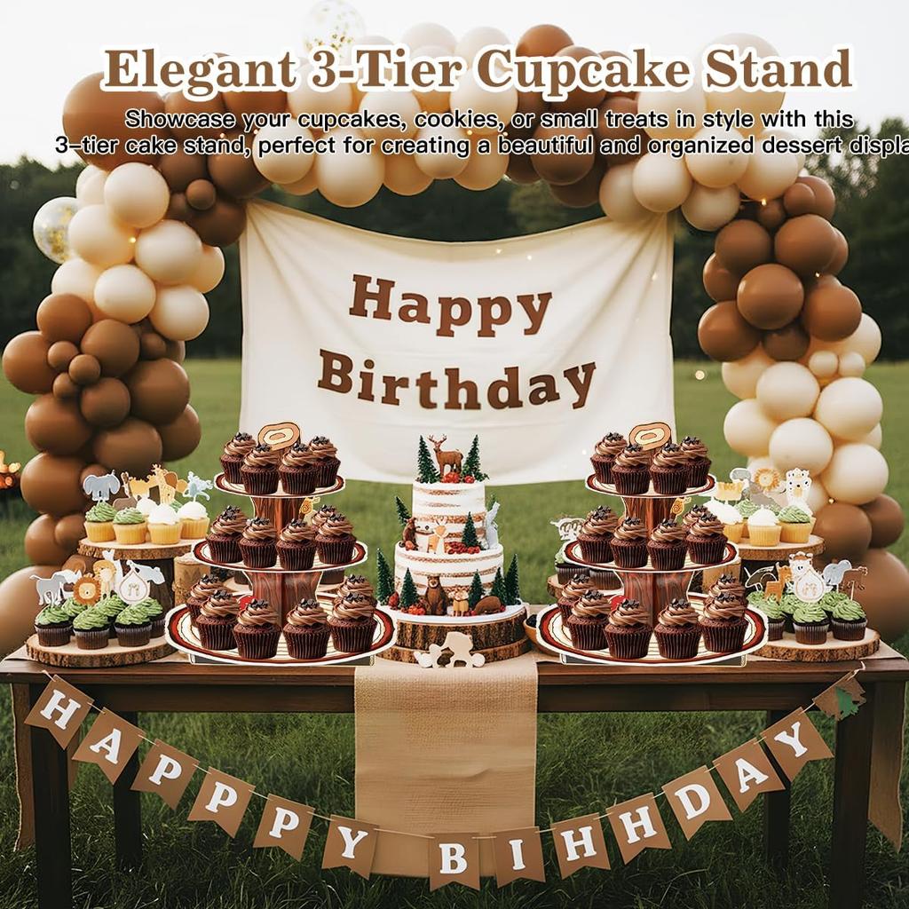 Wooden 3 Tier Cupcake Stand, Wood Style Cake Stand for Party Decorations Baby Shower Decoration, Enchanted Forest Safari Birthday Cupcake Decorations