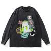 Футболка Streetwear с принтом скелета и обеих сторон, черная, стираная, хлопковая, унисекс, большие размеры, с длинными рукавами