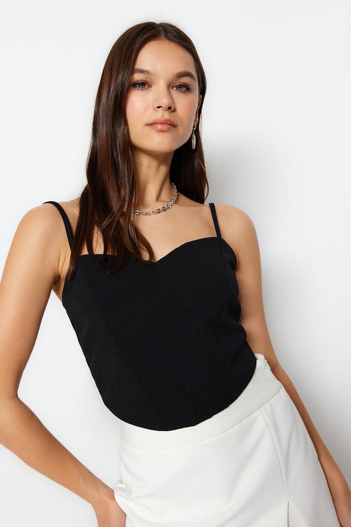 Women's Fashion New Bustier Black Fitted Crop Strappy Crepe Knitted Bustier