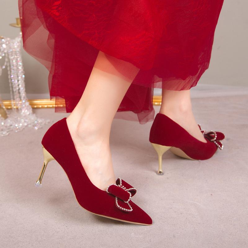 Красные туфли-лодочки с кристаллами и бантом, новые женские элегантные туфли без шнуровки на тонком каблуке, женские туфли на высоком каблуке с острым носком и блестящим бантом
