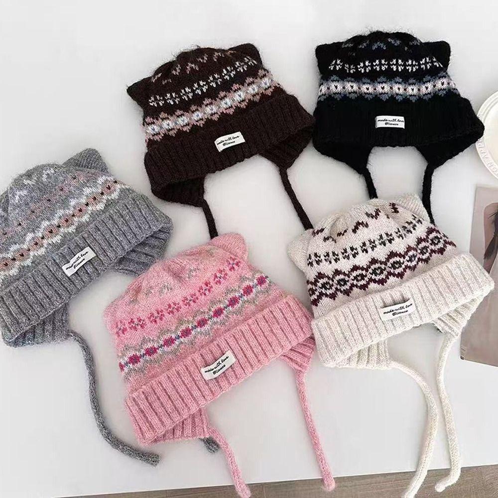 Cat Ear Strap Beanie Hat Thickened Winter Pullover Hat Casual Ear Protection Cap Winter