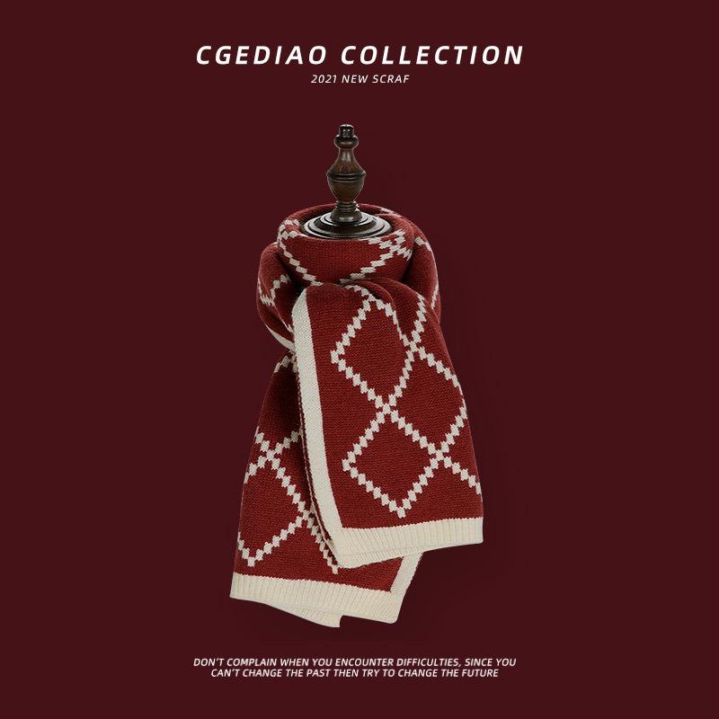 Подарок на день рождения Красный шарф Женский зимний клетчатый Универсальный Рождественский вязаный шерстяной Студенческий шарф