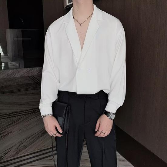 Весенняя мужская рубашка с отложным воротником из ледяного шелка с V-образным вырезом, свободные двойные пуговицы, сплошной цвет