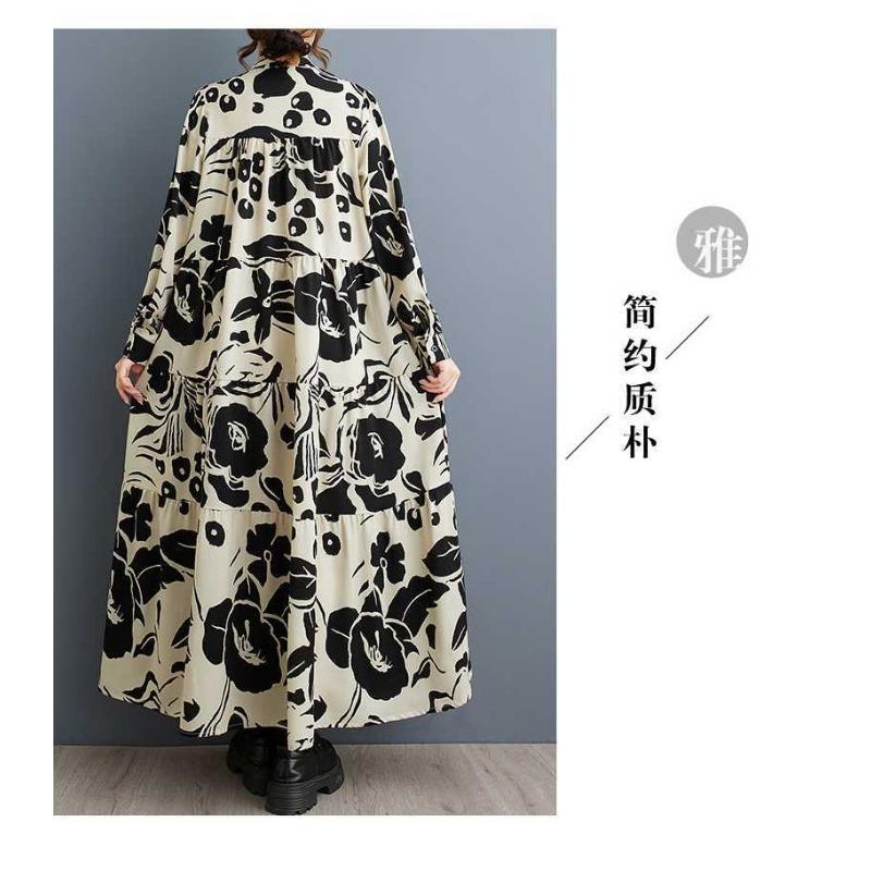 2025 Большой размер Круглый вырез Длинный рукав Свободные большие качели Платья для мам среднего и пожилого возраста