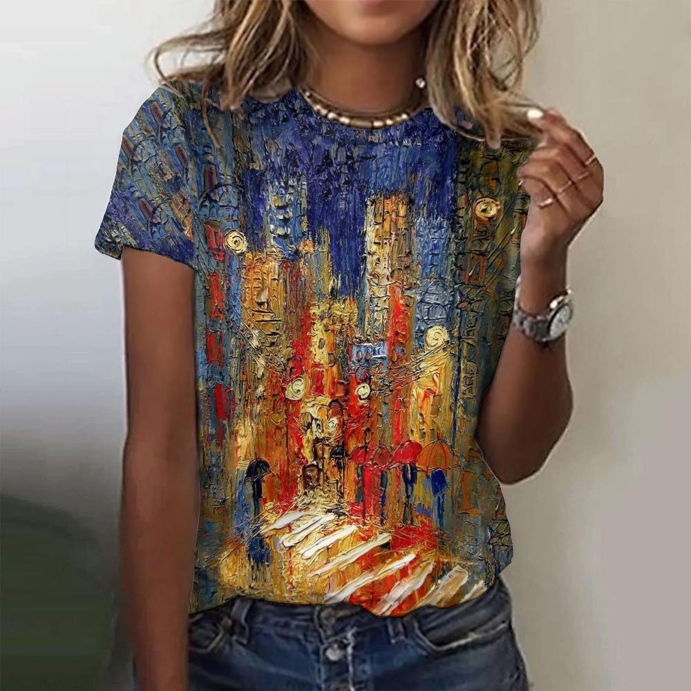 Женские футболки с 3D-печатью, узором в виде масляной живописи, круглым вырезом и коротким рукавом, Y2k, Харадзюку, Топы, Женская одежда