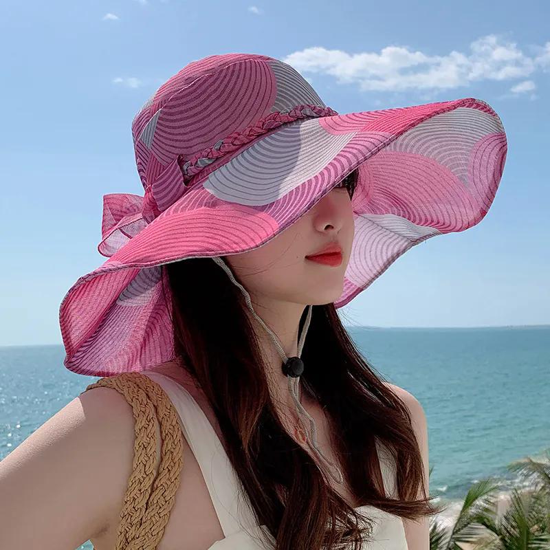 WTEMPO Ретро элегантные широкополые сетчатые большие солнцезащитные шляпы с бантом женские летние повседневные универсальные уличные пляжные праздничные солнцезащитные шляпы