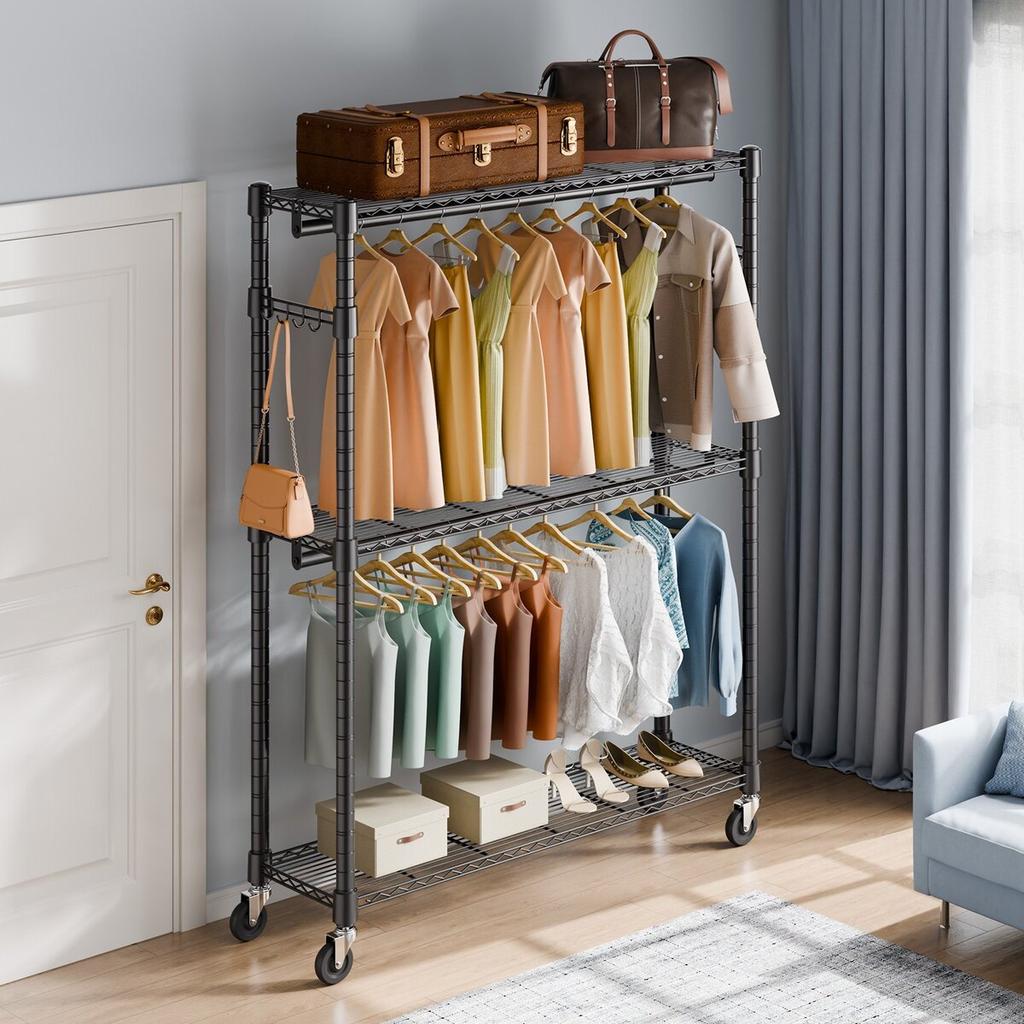 Heavy Duty Clothes Rack, Rolling Clothing Garment Rack with 3 Storage Tiers, 2 Rods and 2 Pairs Side Hooks, Adjustable Height Clothing Rack Closet for