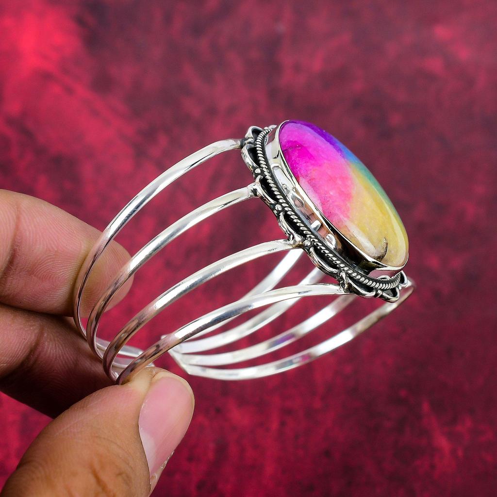 Радужный солнечный кварцевый браслет, 925 пробы сплошной браслет из стерлингового серебра с драгоценными камнями, браслет ручной работы для свадебного подарка