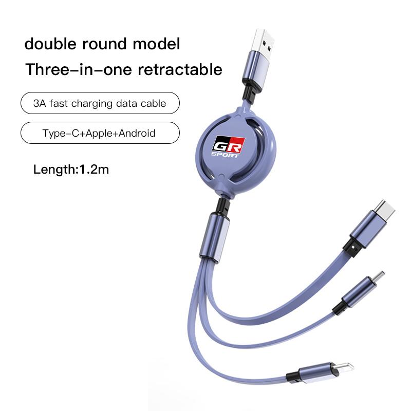 3 In 1 Retractable Mobile Phone Fast Charging Cable For  Toyota Corolla Camry Asian Dragon Supra Hilux Land Cruiser GR SPORT TRD