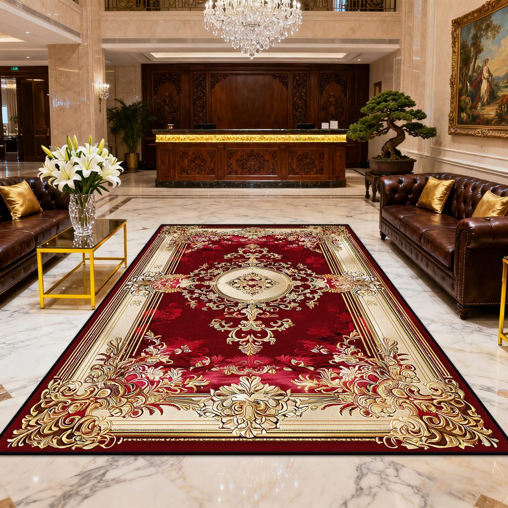 European Luxury Red Gold Easy Clean Carpet for Living Room Decoration Bedroom Bedside Fluffy Rug Large Area Non-slip Floor Mats