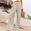 Summer Cotton Linen Wide Leg Pants Women Loose Palazzo Pant Pocket Elastic Waist Button Casual Pants