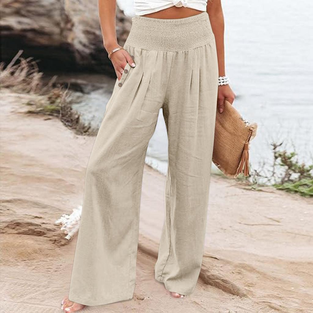 Summer Cotton Linen Wide Leg Pants Women Loose Palazzo Pant Pocket Elastic Waist Button Casual Pants