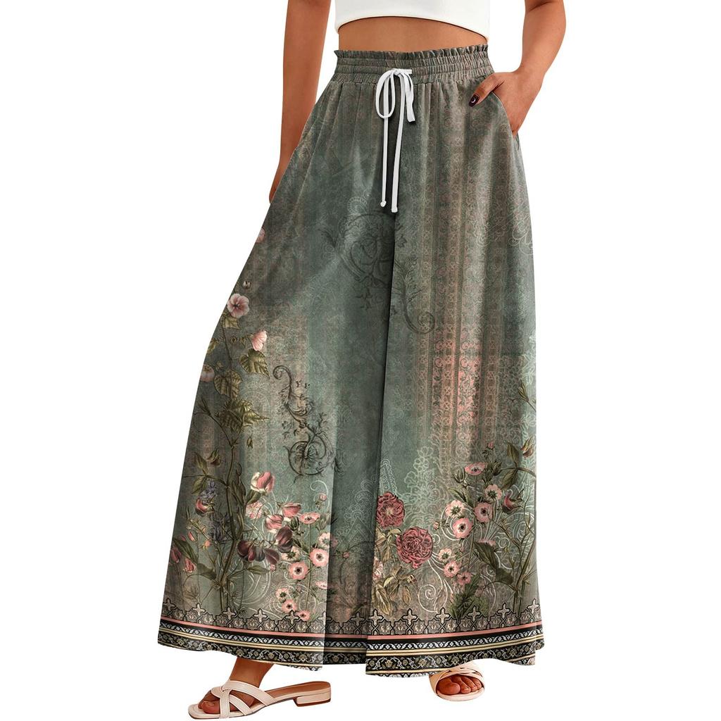 Women's Palazzo Pants Boho Floral Wide Leg Trousers Summer Beach High Waisted Flowy Pants With Pockets