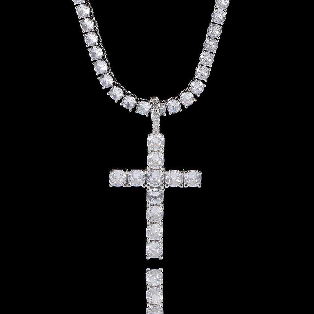 Мода Простой Блестящий Крест Ювелирные изделия Iced Out Кубический Цирконий Бриллиант 18k Покрытие Белым Золотом Подвеска-Крест Ожерелье Для Мужчин Женщин