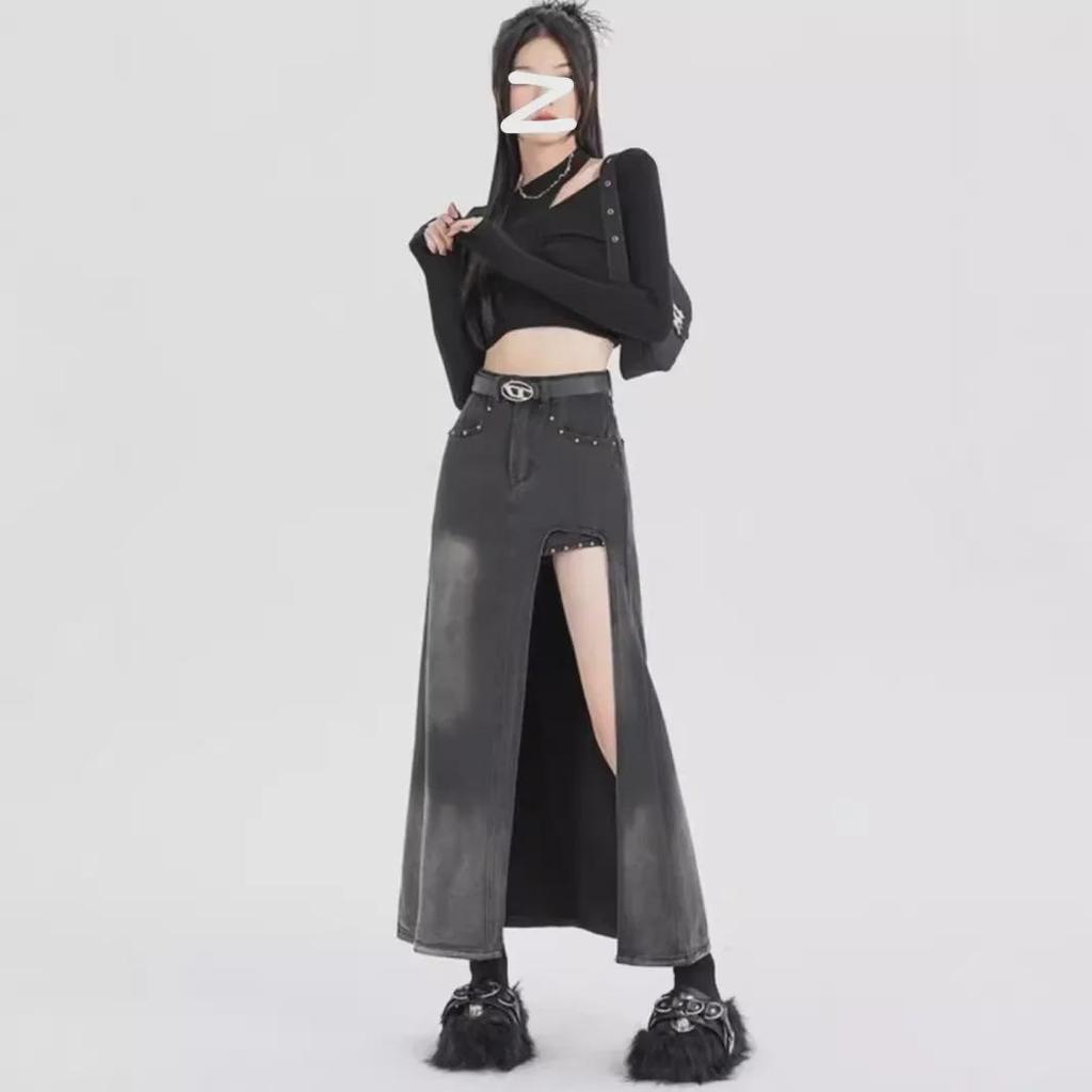 Юбка из денима в стиле ретро с высокой талией и большим разрезом — облегающая и непрозрачная для женщин