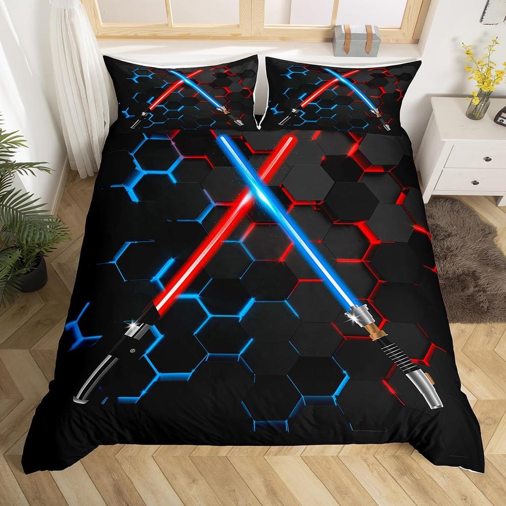 Lightsaber Duvet Cover Set Full,Galaxy Universe Planet Bedding Set 3pcs for Teens Room Decor,Trippy Star Sky Comforter Cover