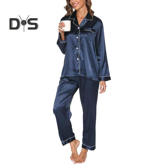 Пижамный костюм из 2 предметов, атласный однобортный кардиган, рубашка с V-образным вырезом, воротником-стойкой, однотонная рубашка с нагрудным карманом, широкие свободные брюки, ночная рубашка