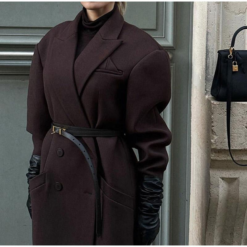 Модное женское пальто с отложным воротником и карманами, длинный рукав, длинное двубортное пальто, осень-зима, новая женская куртка
