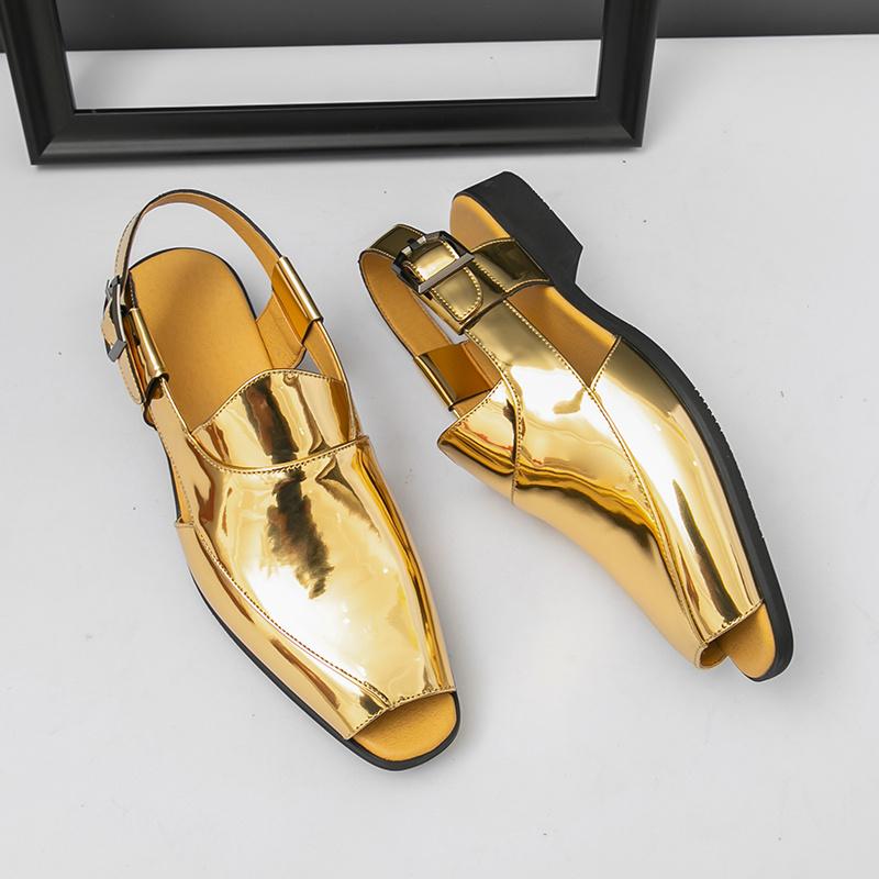 Luxury Gold Sandals Men Italian Style Dress Sandals Man Casual Leather Shoes Designer Fish Mouth Sandals Men Sandalias De Hombre