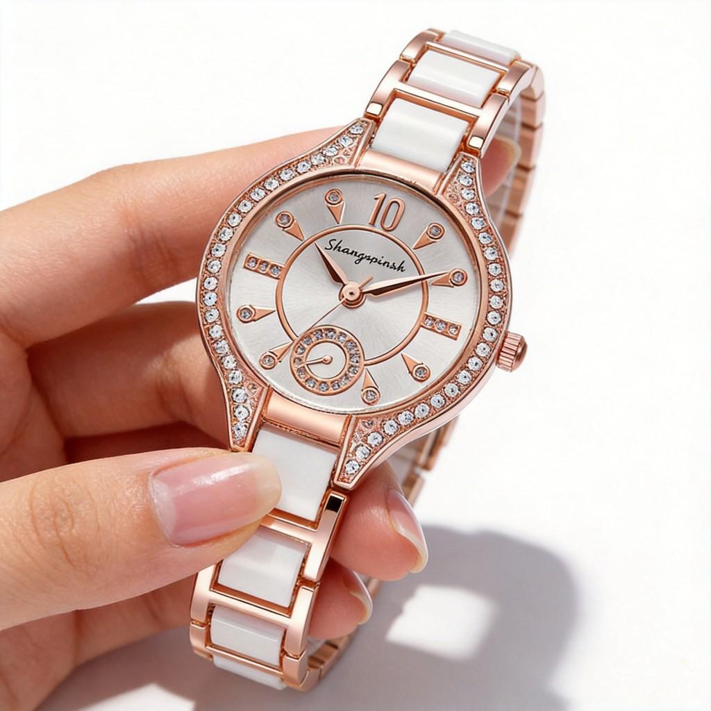 Fashion Alloy Ceramic Quartz Watch With Steel Band For Women