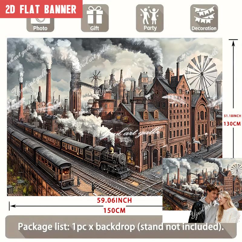 1pc Industrial Revolution Theme Party Decoration Banner, Brick Factory Buildings with Smoking Chimneys and Steam Train Design, for Wedding Birthday