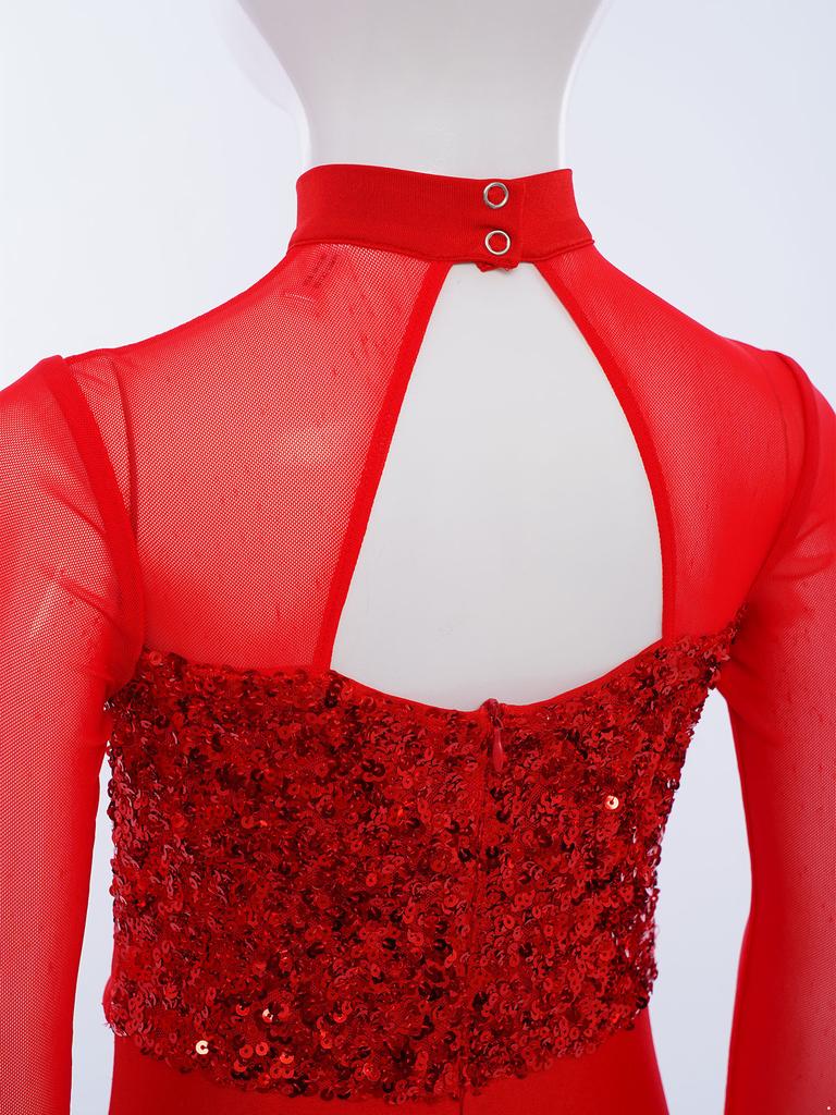 Bell-Bottom Jumpsuit for Girls: Mock Neck Long Sleeve with Sequins Bodice, Sheer Mesh & Back Cutout for Competition