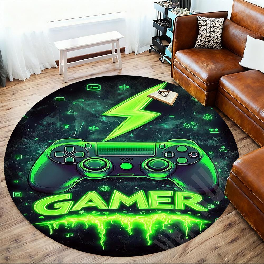 1PC Gamer Controller Neon Round Chair mat Area Rug - Non-Slip, Floor Mat for Office, Bedroom, home decor Christmas Gift c0528127
