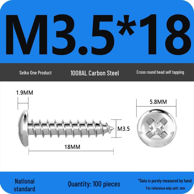 Galvanized Self-Tapping Screws, Round Head, White Zinc, PA Cross Pan, Pointed Tail M1.2-M4