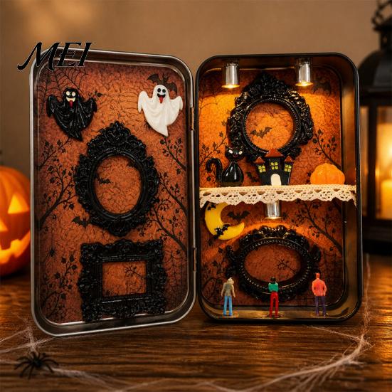 Festive Halloween Keepsake DIY Mini Photo Frames Silhouette Tin Box, Miniature Small Storage Picture Display Container for Party Home Decor