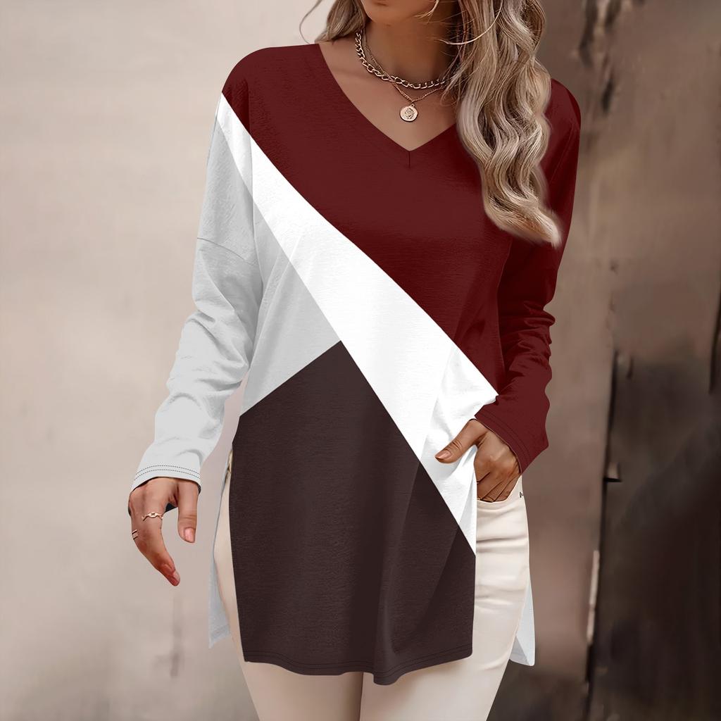 Women's Fashion Long Sleeve Shirts Print Loose Fitted V-Neck Basic Tops Casual Outfits